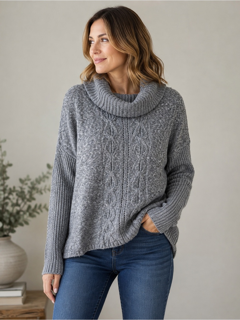 Olive + Oak Gray Cable Knit Cowl Neck Sweater Pullover XL